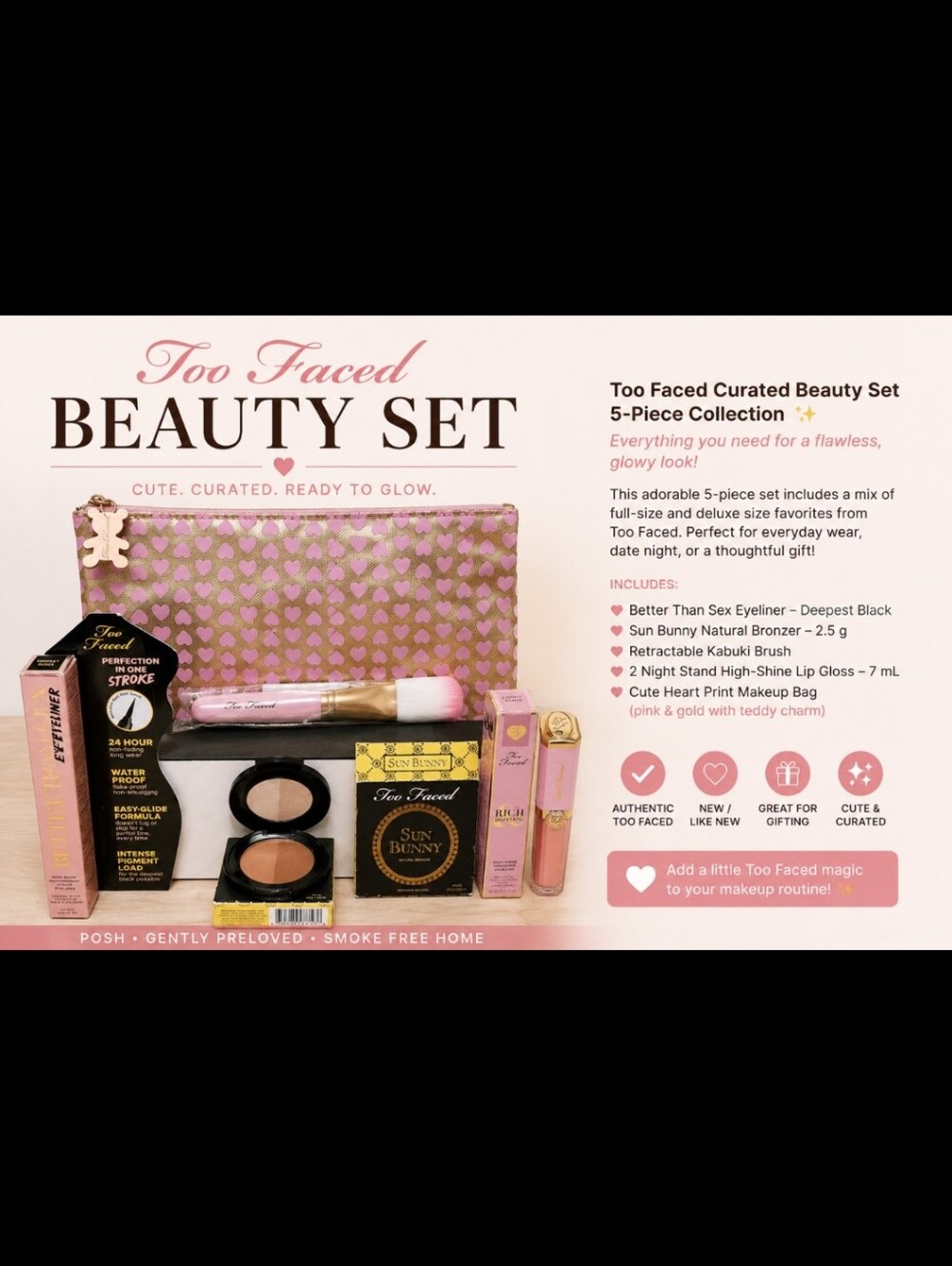 Too Faced Pink & Gold Makeup Bag Set with All Of The Essentials